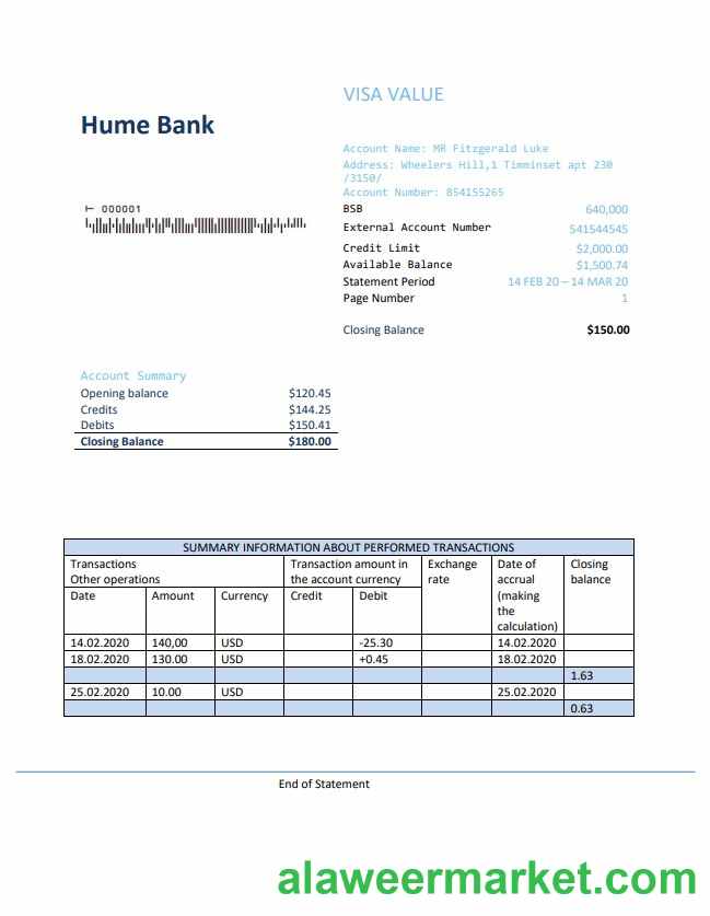 Australia Humebank proof of address statement template in .doc and .pdf format, fully editable